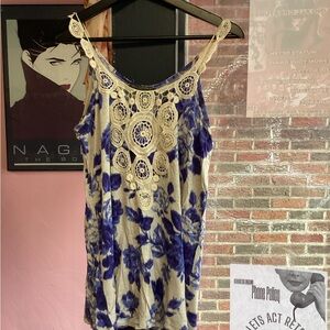 Y2K Waverly Blue and Cream Floral Lace Tank Top